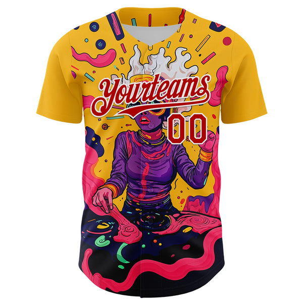 Custom Gold Red-White 3D Pattern Design Rave Party Trippy Disco Authentic Baseball Jersey alternate