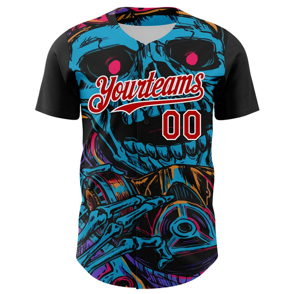 Custom Black Red-White 3D Pattern Design Burner Costumes Horror Skull Authentic Baseball Jersey alternate
