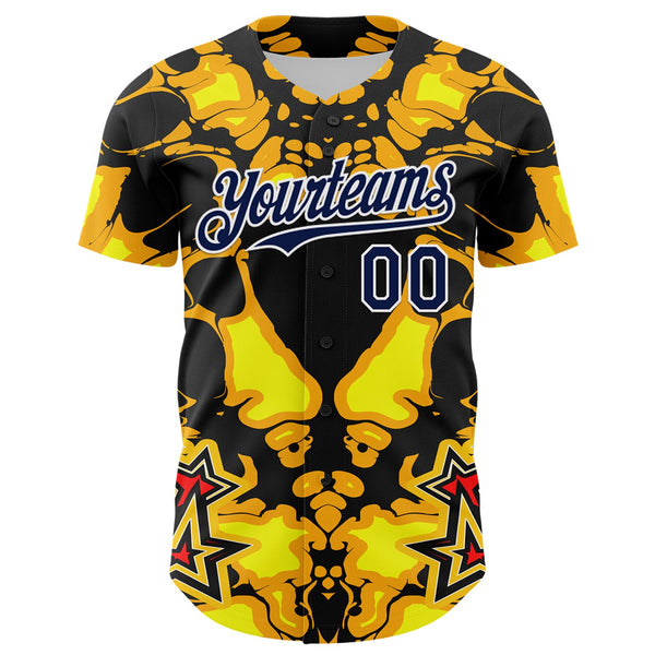 Custom Black Navy Yellow-White 3D Pattern Design Burner Costumes Flame Authentic Baseball Jersey alternate