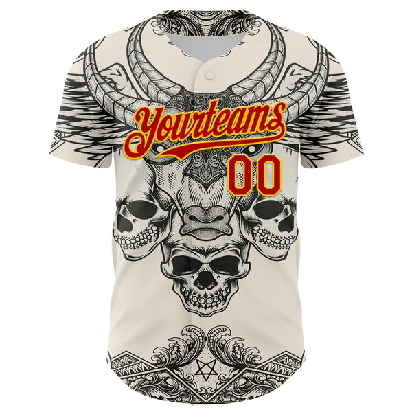 Custom Cream Red-Yellow 3D Pattern Design Burner Costumes Hell Skull Authentic Baseball Jersey alternate