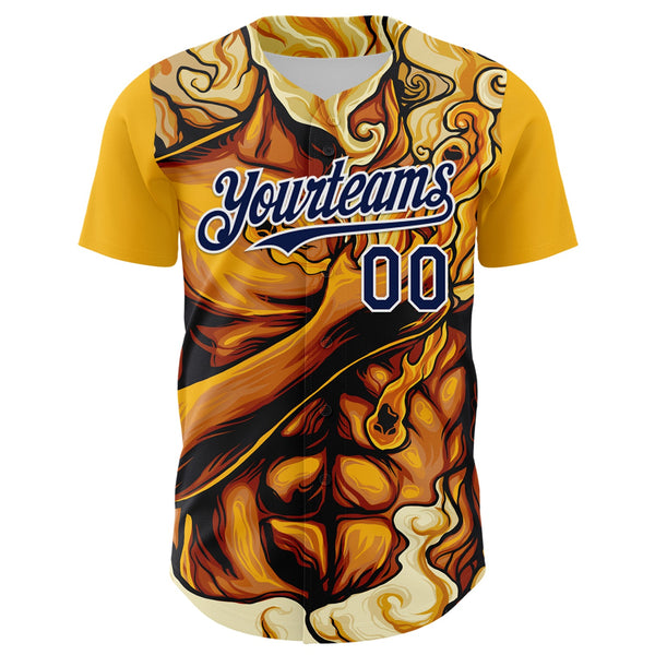 Custom Gold Navy-White 3D Pattern Design Burner Costumes Flame Authentic Baseball Jersey alternate