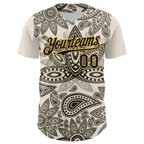 Custom Cream Navy-Yellow 3D Pattern Design Burner Costumes Paisley Bandana Authentic Baseball Jersey alternate