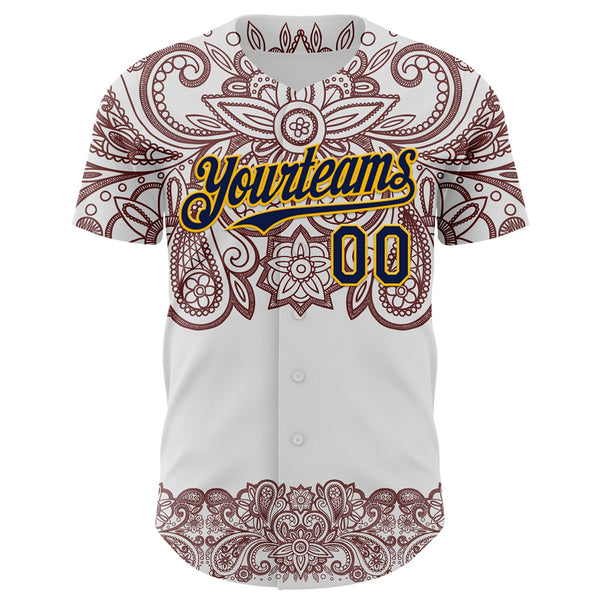 Custom White Navy Red-Yellow 3D Pattern Design Burner Costumes Paisley Bandana Authentic Baseball Jersey alternate