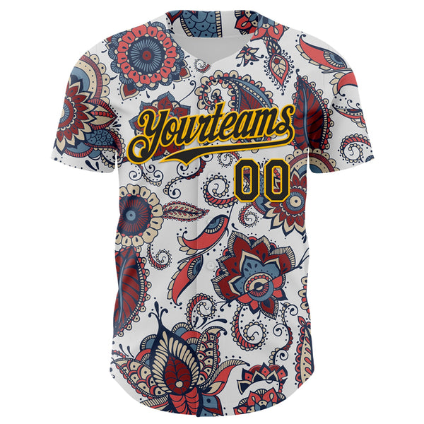 Custom White Black-Yellow 3D Pattern Design Burner Costumes Paisley Bandana Authentic Baseball Jersey alt