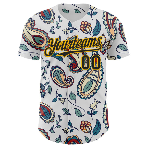 Custom White Black-Yellow 3D Pattern Design Burner Costumes Paisley Bandana Authentic Baseball Jersey alt