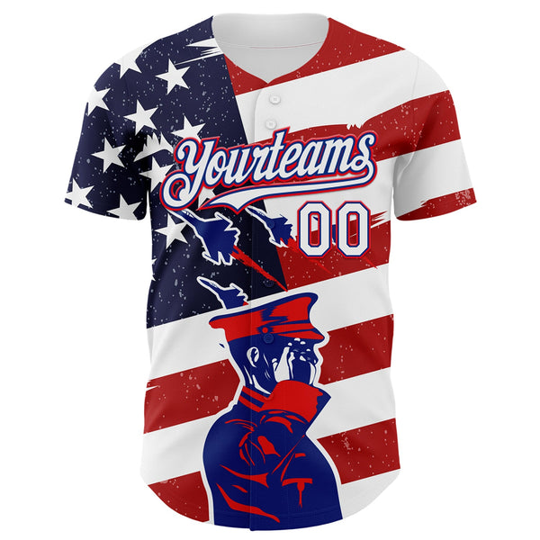 Custom White Royal-Fire Red 3D Retro American Flag Salute Authentic Baseball Jersey alternate