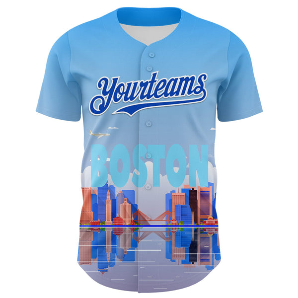 Custom Blue Thunder Blue-White 3D Pattern Design Boston Cityscape Skyline Authentic Baseball Jersey alternate