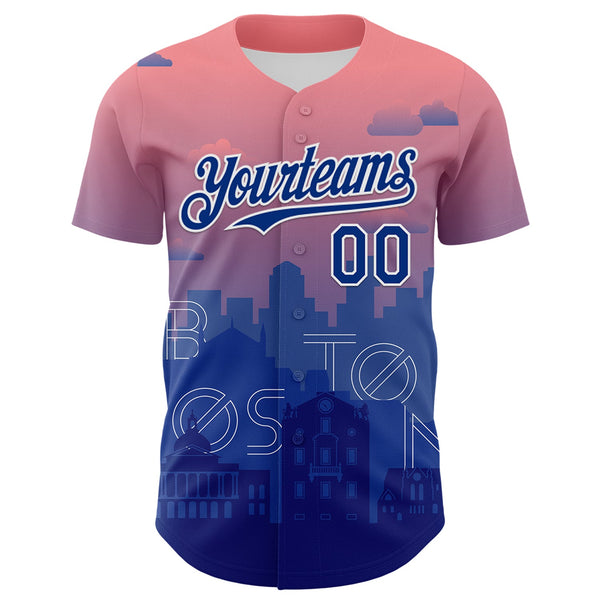 Custom Pink Royal Blue-White 3D Pattern Design Boston Cityscape Sunset Authentic Baseball Jersey alternate