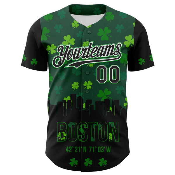 Custom Black White-Grass Green 3D Pattern Design Boston Cityscape Shamrock Authentic St. Patrick's Day Baseball Jersey alternate