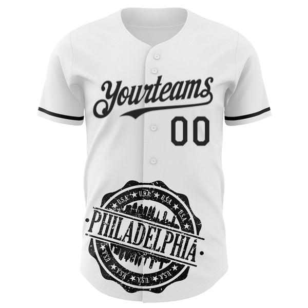 Custom White Black 3D Pattern Design Philadelphia Cityscape Liberty Bell Authentic Baseball Jersey alternate