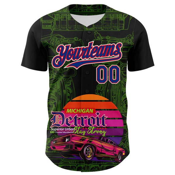 Custom Black Royal Green Fire Red-White 3D Pattern Design Detroit Cityscape Muscle Car Engine Authentic Baseball Jersey alternate