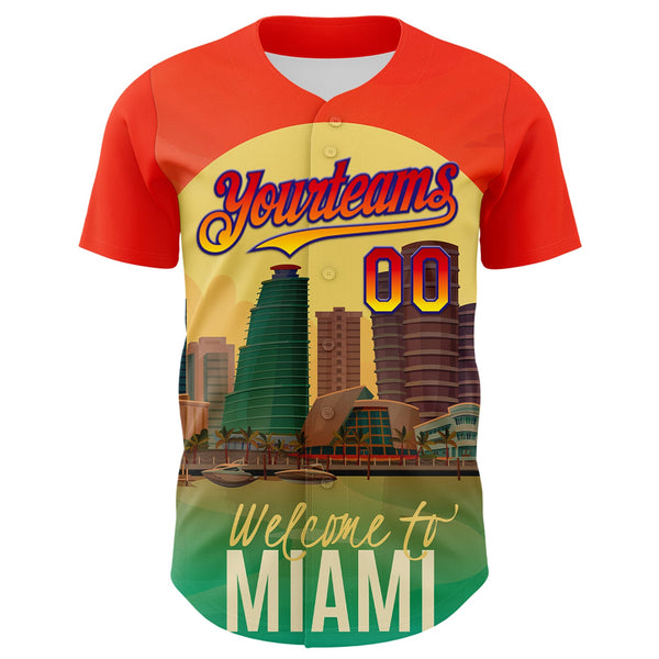 Custom Orange Green Yellow-Dark Purple 3D Pattern Design Gradient Miami Cityscape Sunset Authentic Baseball Jersey alternate