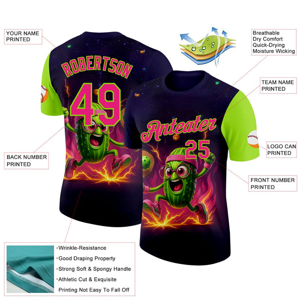 Custom Blue Hot Pink-Neon Green 3D Funny Pickleball Paddles Balls Performance T-Shirt alternate