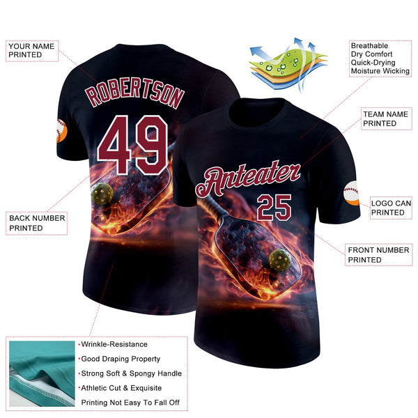 Custom Navy Crimson-White 3D Flame Pickleball Paddles Balls Performance T-Shirt alternate