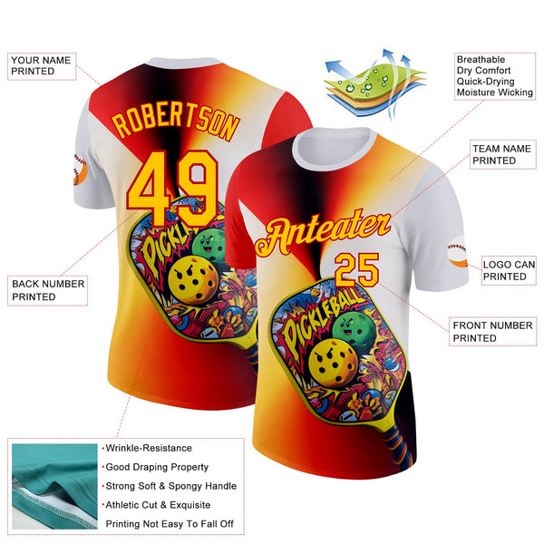 Custom White Yellow-Red 3D Graffiti Pickleball Paddles Balls Performance T-Shirt alternate