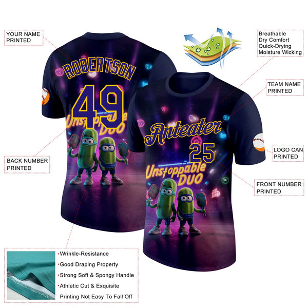 Custom Purple Dark Purple-Yellow 3D Funny Pickleball Paddles Balls Performance T-Shirt alternate