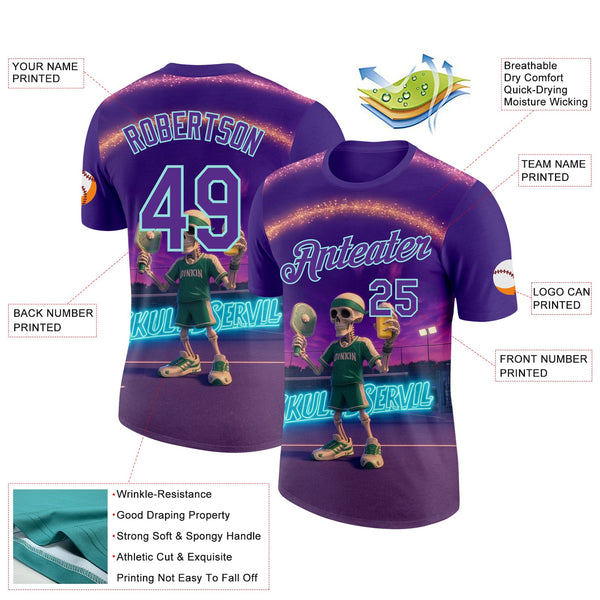 Custom Purple Ice Blue 3D Funny Pickleball Paddles Balls Skeleton Performance T-Shirt alternate