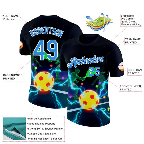 Custom Navy Powder Blue-White 3D Charged Pickleball Paddles Balls Court Performance T-Shirt alternate