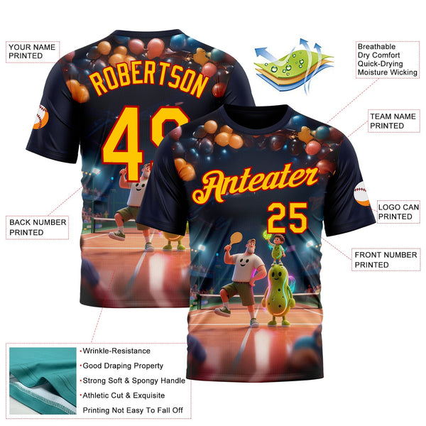 Custom Navy Yellow-Red 3D Happy Family Pickleball Paddles Balls Performance T-Shirt alternate