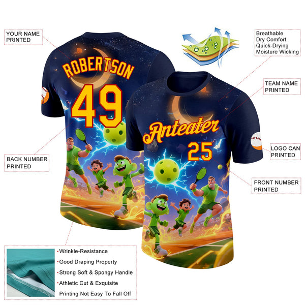 Custom Navy Yellow-Red 3D Charged Happy Family Pickleball Paddles Balls Performance T-Shirt alternate