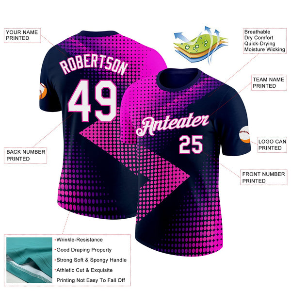 Custom Navy White-Deep Pink 3D Pattern Design Gradient Neon Sportswear Performance T-Shirt alternate