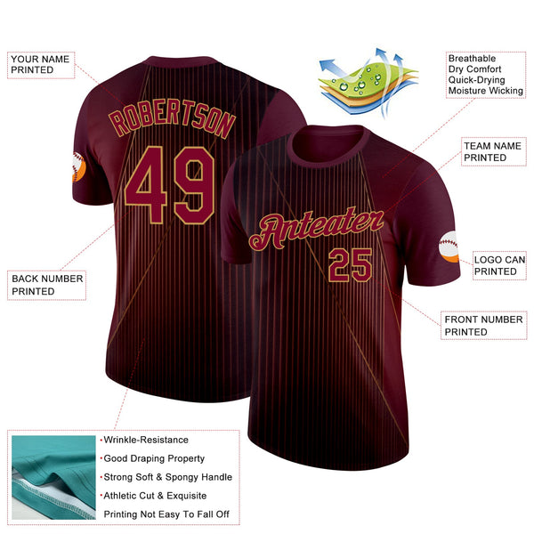 Custom Red Maroon-Old Gold 3D Pattern Design Gradient Stripe Sportswear Performance T-Shirt alternate