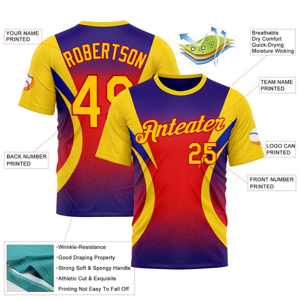 Custom Yellow Purple-Red 3D Pattern Design Gradient Sportswear Performance T-Shirt alternate