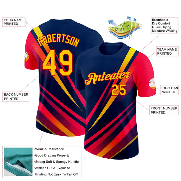 Custom Blue Yellow-Red 3D Pattern Design Gradient Line Sportswear Performance T-Shirt alternate
