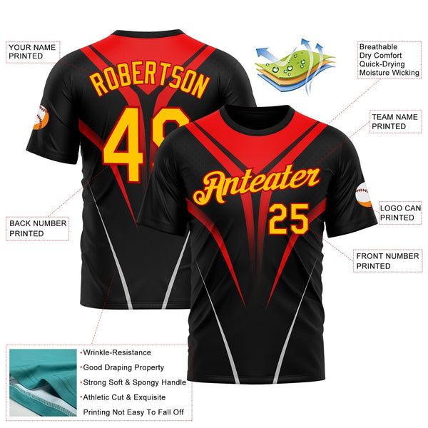 Custom Black Yellow-Red 3D Pattern Design Gradient Line Sportswear Performance T-Shirt alternate