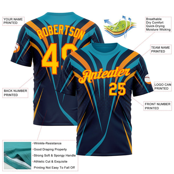 Custom Blue Yellow-Orange 3D Pattern Design Line Sportswear Performance T-Shirt alternate