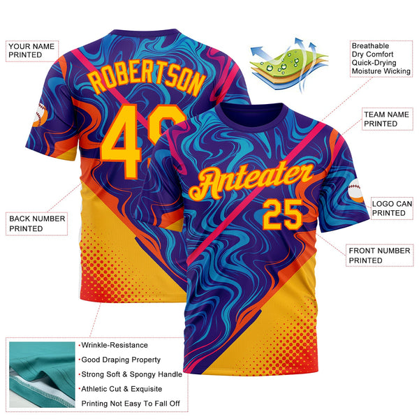 Custom Dark Purple Yellow-Orange 3D Pattern Design Romania Colombia Sportswear Performance T-Shirt alternate