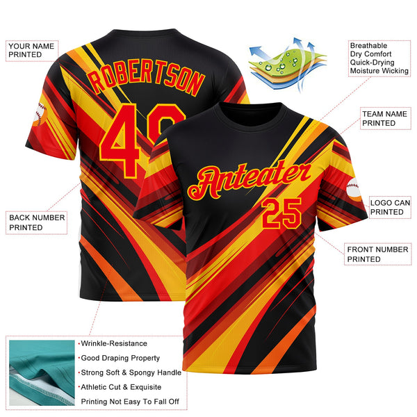 Custom Black Fire Red-Yellow 3D Pattern Design Line Sportswear Performance T-Shirt alternate