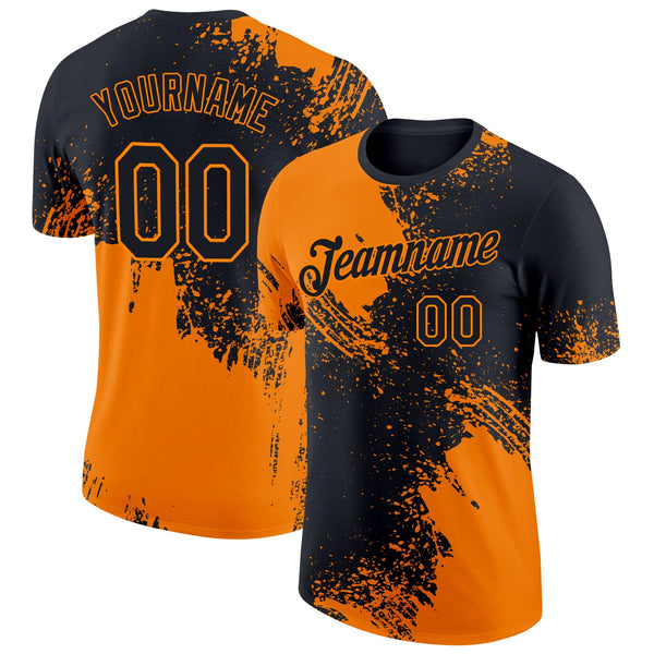 Custom Black Bay Orange 3D Pattern Design Abstract Brush Stroke Performance T-Shirt