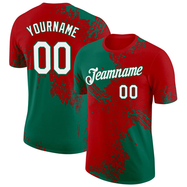 Custom Red White-Kelly Green 3D Pattern Design Abstract Brush Stroke Performance T-Shirt