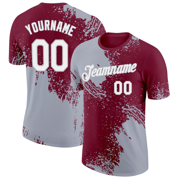Custom Crimson White-Gray 3D Pattern Design Abstract Brush Stroke Performance T-Shirt