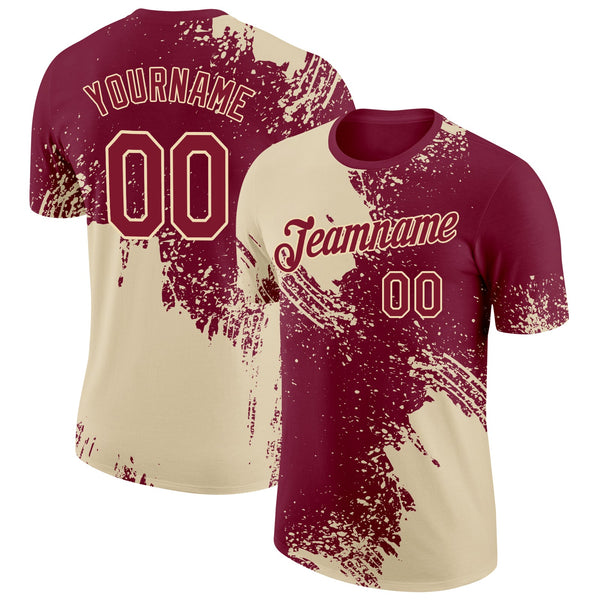 Custom Crimson Cream 3D Pattern Design Abstract Brush Stroke Performance T-Shirt
