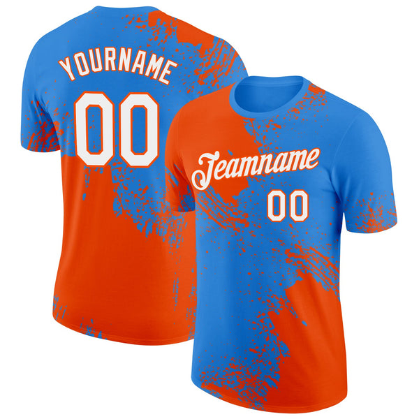 Custom Powder Blue White-Orange 3D Pattern Design Abstract Brush Stroke Performance T-Shirt