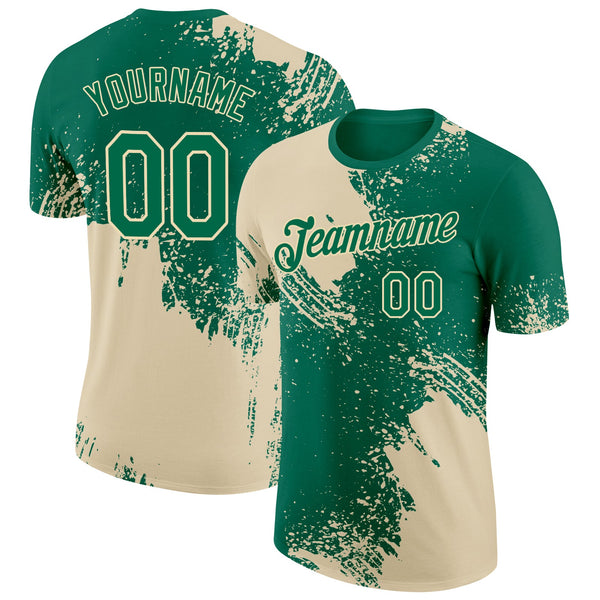 Custom Kelly Green Cream 3D Pattern Design Abstract Brush Stroke Performance T-Shirt