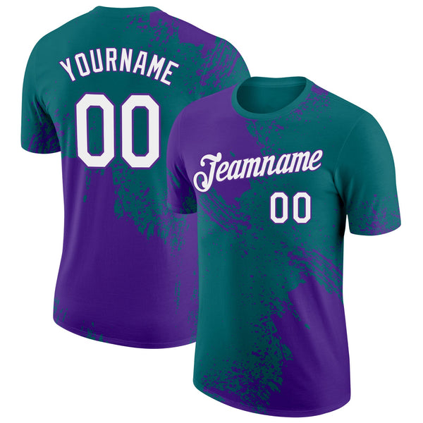Custom Teal White-Purple 3D Pattern Design Abstract Brush Stroke Performance T-Shirt