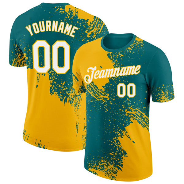 Custom Teal White-Gold 3D Pattern Design Abstract Brush Stroke Performance T-Shirt