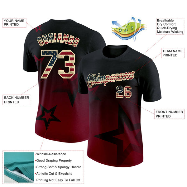 Custom Black Vintage USA Flag Crimson-Cream 3D Pattern Design Gradient Style Twinkle Star Performance T-Shirt alternate