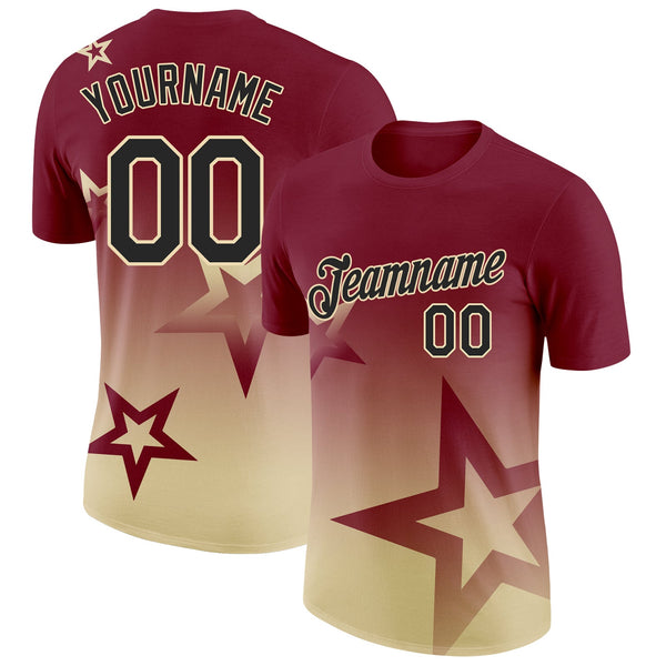 Custom Crimson Black-Cream 3D Pattern Design Gradient Style Twinkle Star Performance T-Shirt