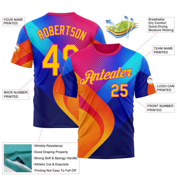 Custom Deep Pink Yellow-Blue 3D Pattern Design Neon Chromatic Sportswear Performance T-Shirt alternate