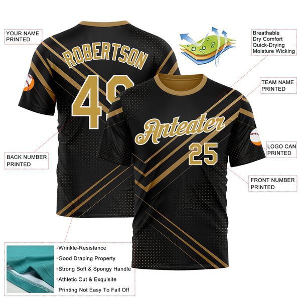 Custom Black Old Gold-White 3D Pattern Design Geometric Shape Sportswear Performance T-Shirt alternate