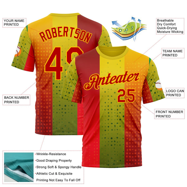 Custom Red Green-Yellow 3D Pattern Design Gradient Spain Sportswear Performance T-Shirt alternate