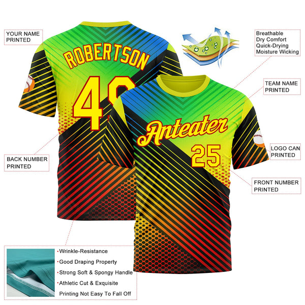 Custom Black Light Yellow Blue-Red 3D Pattern Design Neon Stripe Sportswear Performance T-Shirt alternate