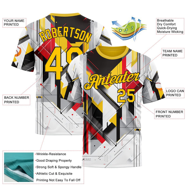 Custom White Yellow Red Black-Gray 3D Pattern Design Germany Geometric Shape Sportswear Performance T-Shirt alternate