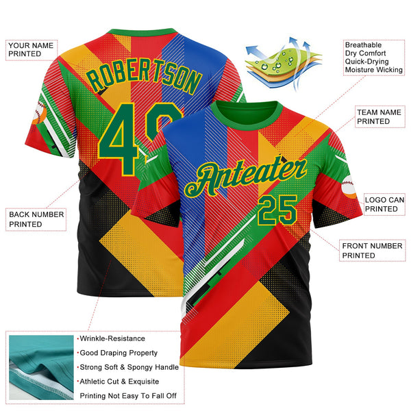 Custom Red Kelly Green Yellow Blue-Black 3D Pattern Design Africa Geometric Shape Sportswear Performance T-Shirt alternate