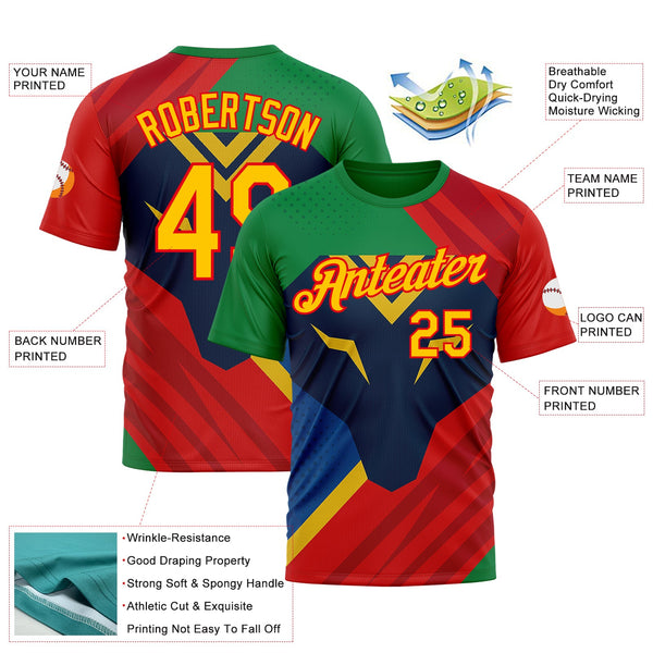 Custom Green Yellow Blue-Fire Red 3D Pattern Design Mexico Brazil Sportswear Performance T-Shirt alternate
