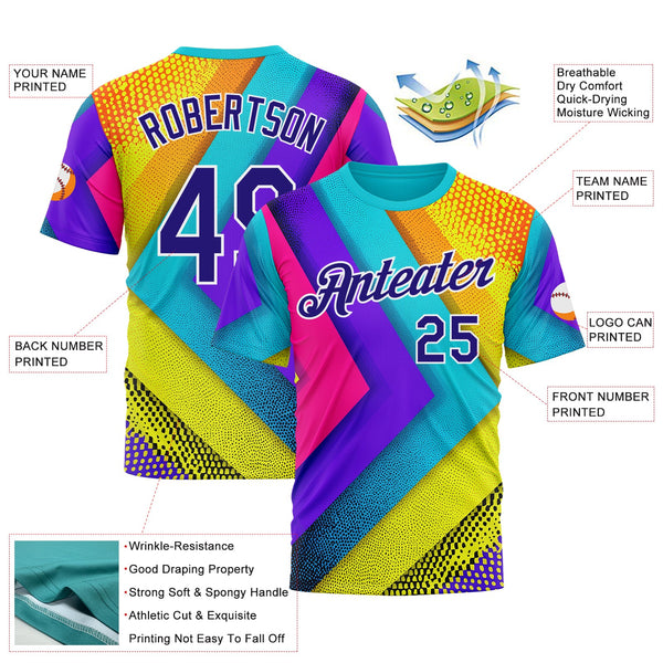 Custom Blue Dark Purple Yellow-Pink 3D Pattern Design Chromatic Geometric Shape Sportswear Performance T-Shirt alternate